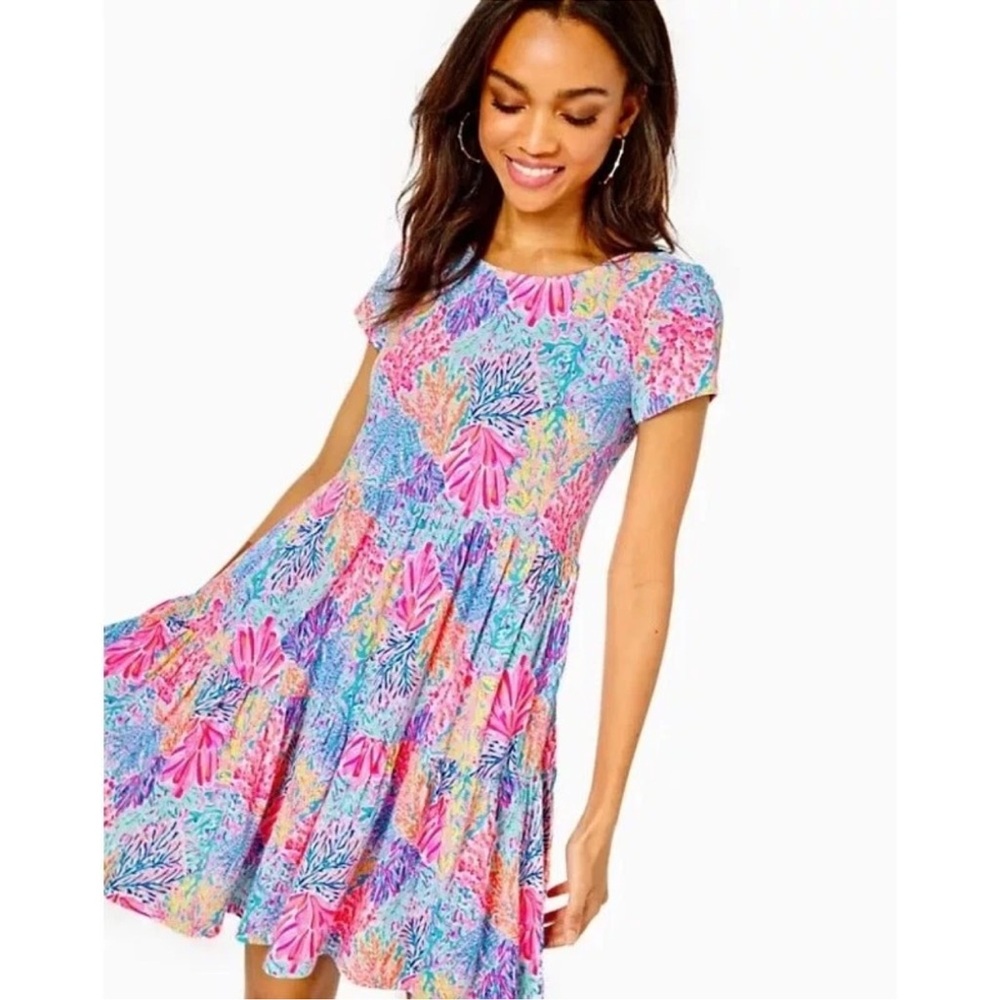 Lilly Pulitzer Geanna Short Sleeve Swing Dress Coral Reef Cotton W Pockets Sz S